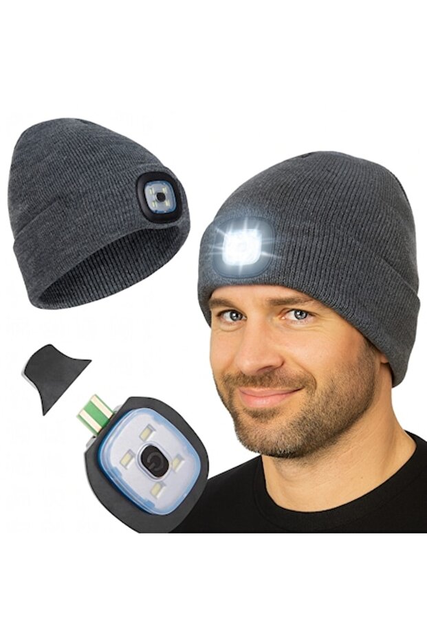 Winter Hat with LED Lantern, 3 Light Modes, Double Material, Universal Size, Gray - 1
