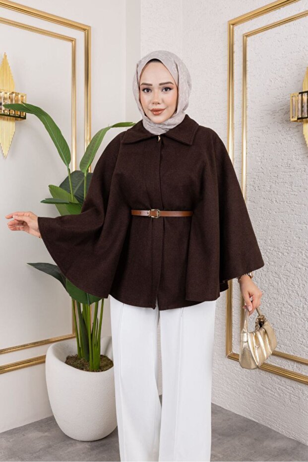 Women's Winter Trend Belted Brown Cashmere Short Coat