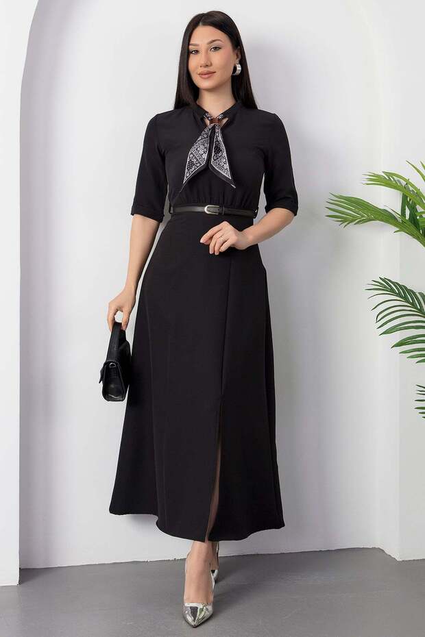 Fuları Kemerli Atlas Elbise DKS1366 - 6
