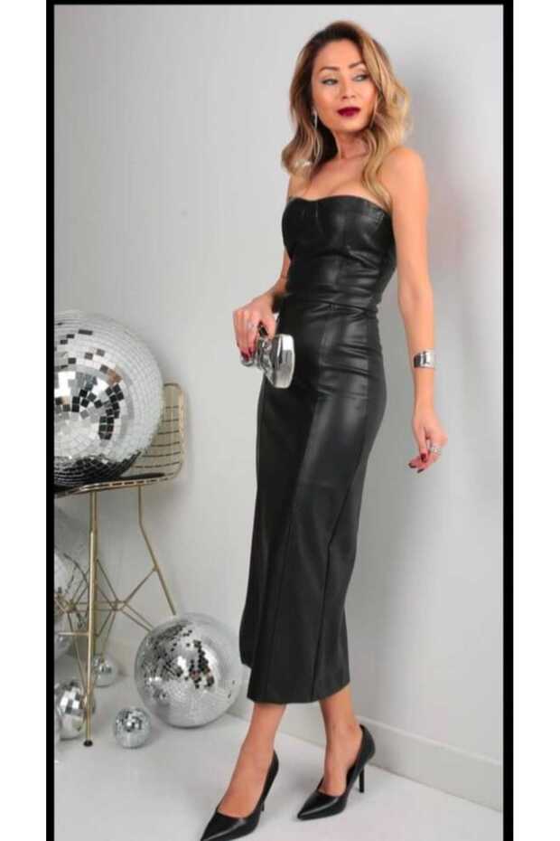 STRAPLEZ DERİ ELBİSE - 1