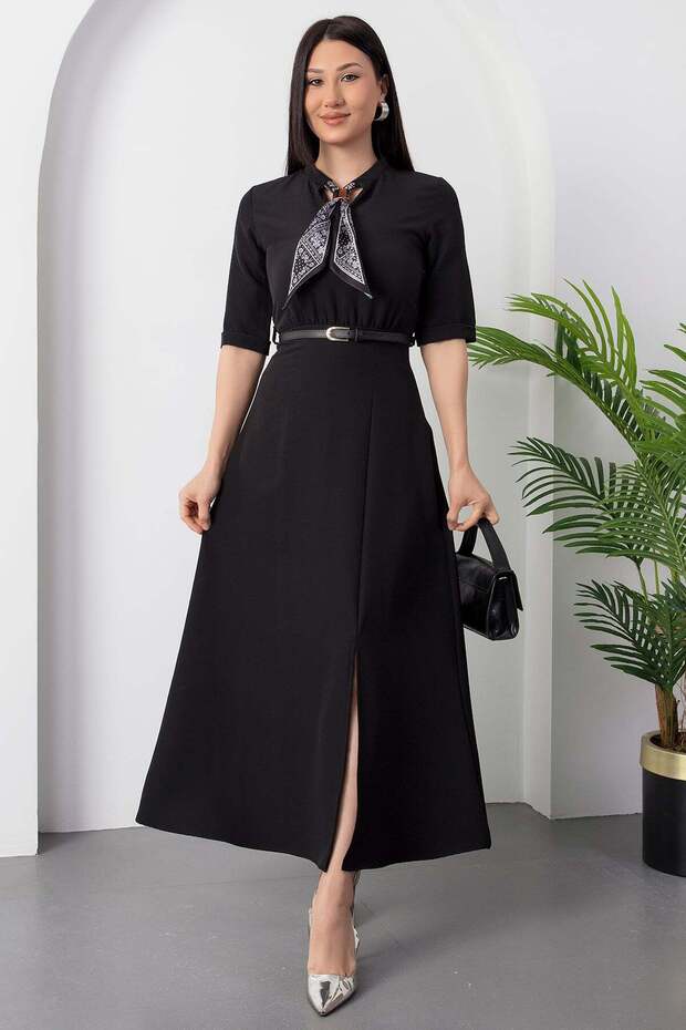 Fuları Kemerli Atlas Elbise DKS1366 - 4