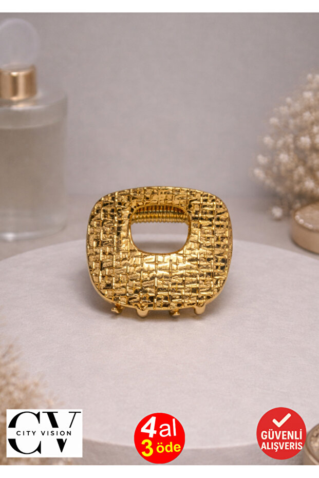 Square Textured Gold Hair Clip – Mini Metal Clasp 3 cm