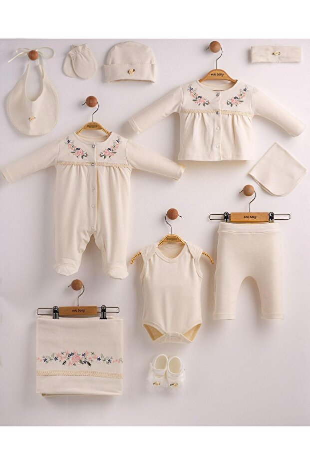10-Piece Organic Hospital Discharge Set with Sequential Flowers, 100% Cotton Newborn 10-Piece Set