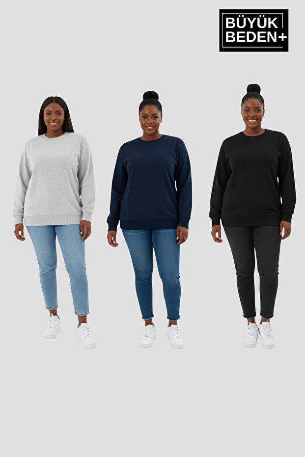 Women's Plus Size Double Crew Neck 3-Piece Set -Comfortable Fit Slim Sweatshirt Spr26Bsw956+3
