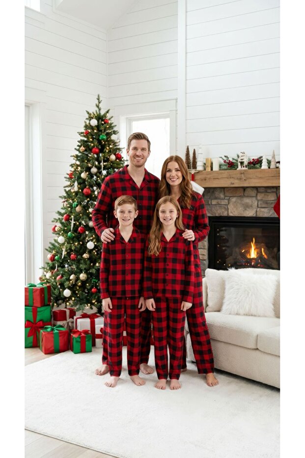 New Year's Concept Full Buttoned Suede Unisex Children's Pajama Set