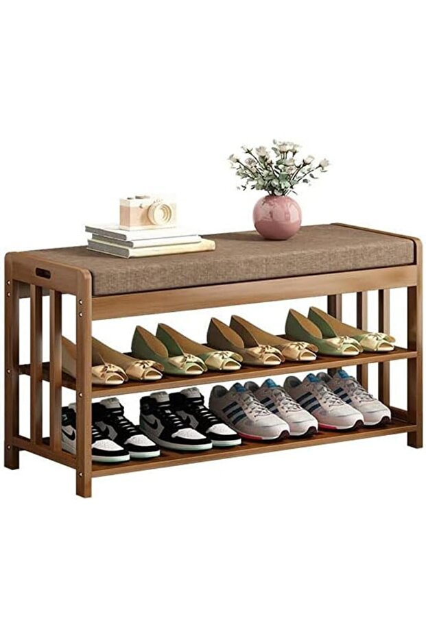 OneDcor Wooden Shoe Rack with Bench – Bamboo Shoe Cabinet with Seat & Storage Shelf