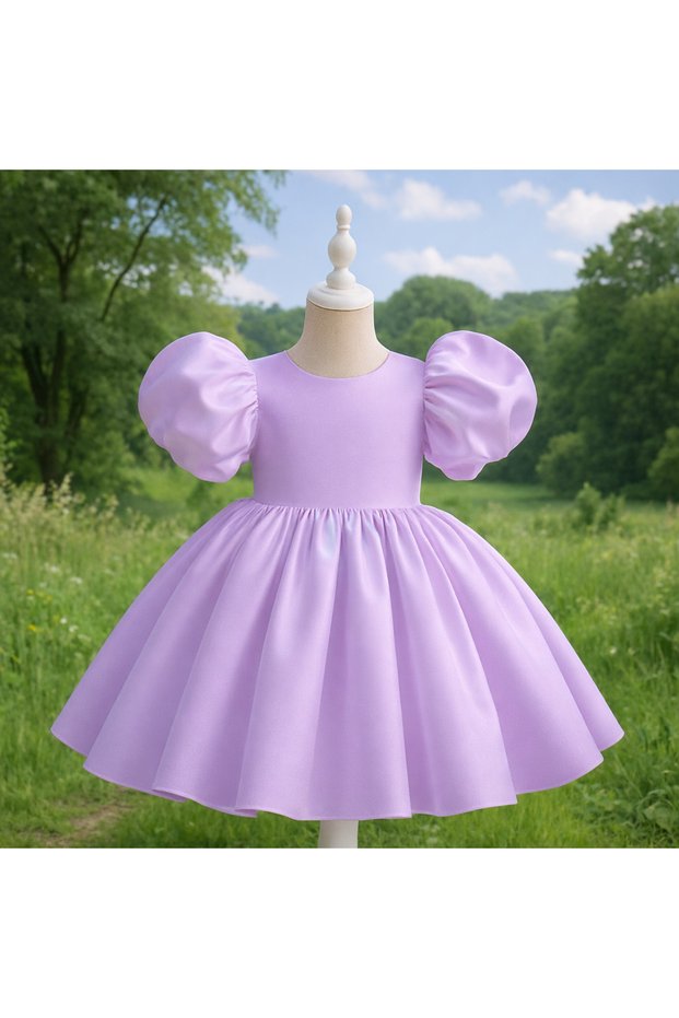 Special Design Lilac Color Balloon Sleeve Bow Detail Girls Evening Dress