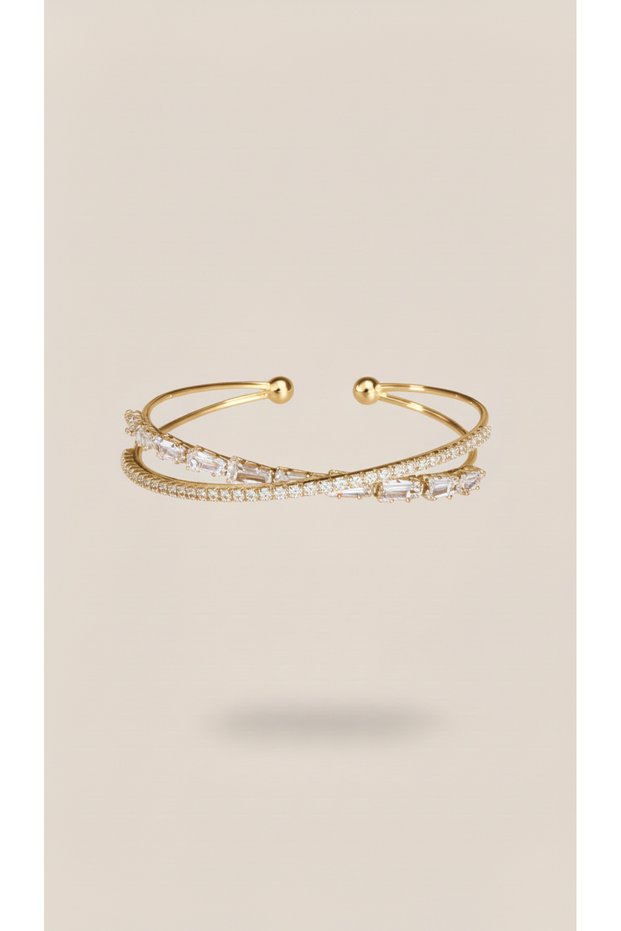Gold Color Zircon and Baguette Stone Stainless Steel Adjustable Cross Handcuff Bracelet