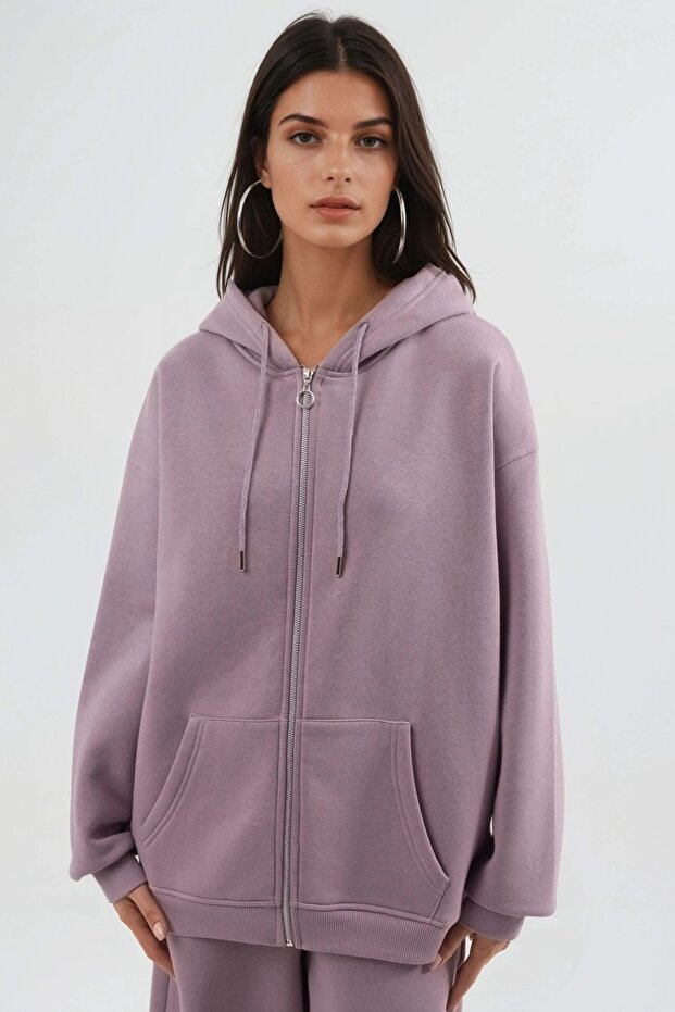 BUSEM Kapüşonlu Oversize Fermuarlı Ceket - 6