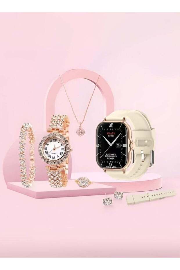 A58 Plus 7-in-1 Gold Colour Women Smartwatch Jewelry Gift Set – 2.02” Bluetooth Calling S