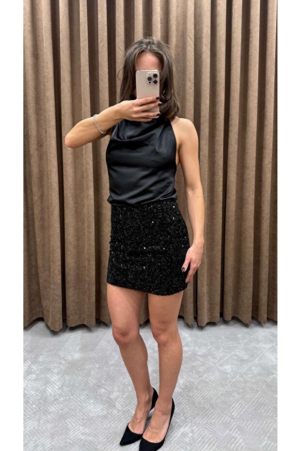 SİYAH PULLU MİNİ ETEK - 1