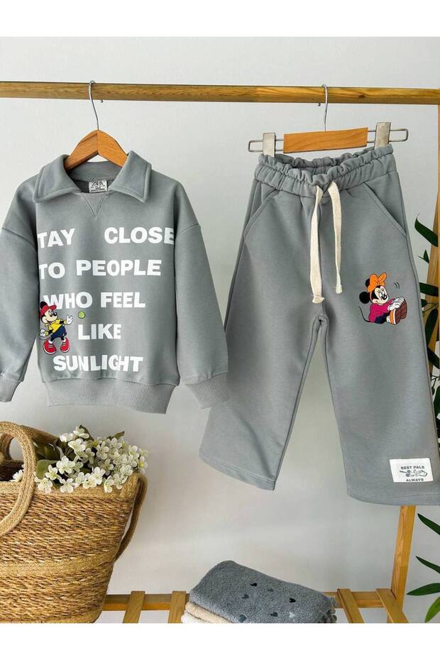 Girl's Gray Printed Tracksuit Set – Cotton, Comfortable Fit, Casual Sports Set (2-8 Years)