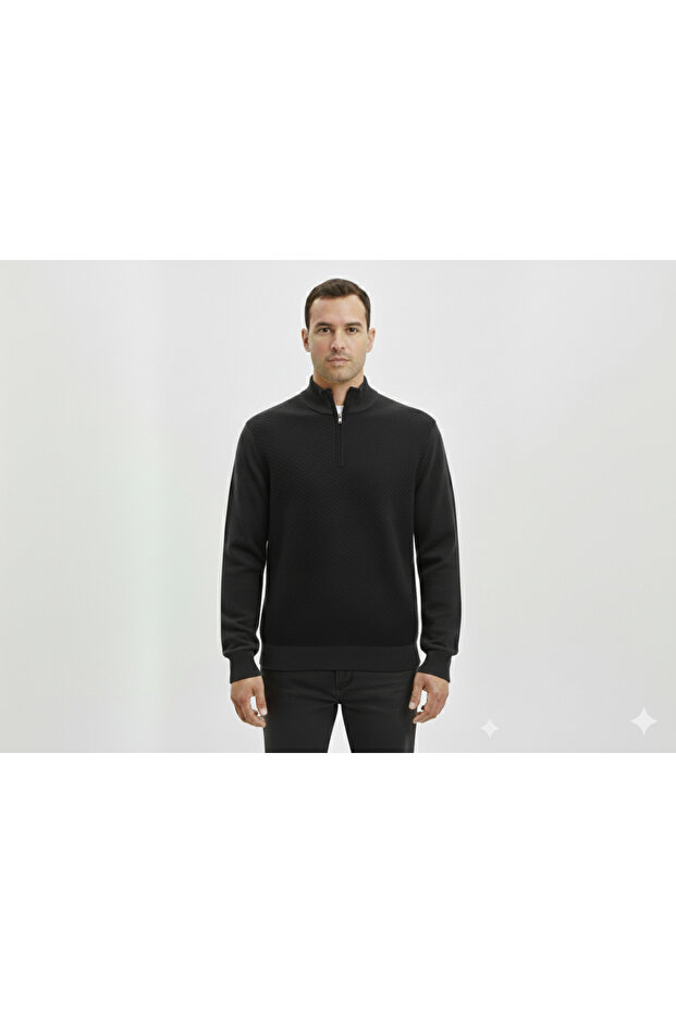 Half Fishbone Collar Zippered Honeycomb Textured Knitwear Sweater