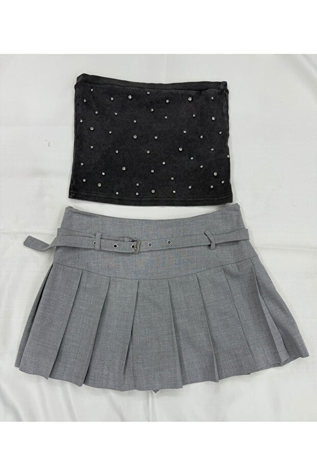 Gri pileli şort etek - 1