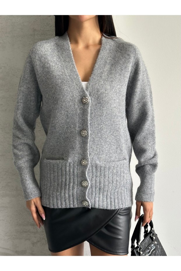 Women's Gray V-Neck Stone Buttoned Double Pocket Knitwear Cardigan Soft Textured Stylish Model