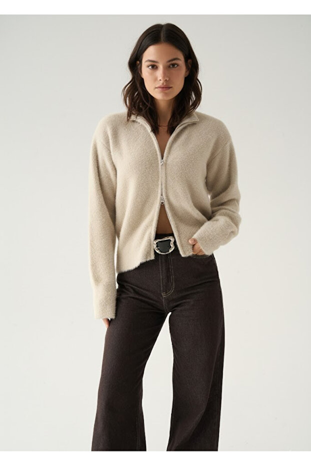 Stone Zippered Furry Cardigan - 251102