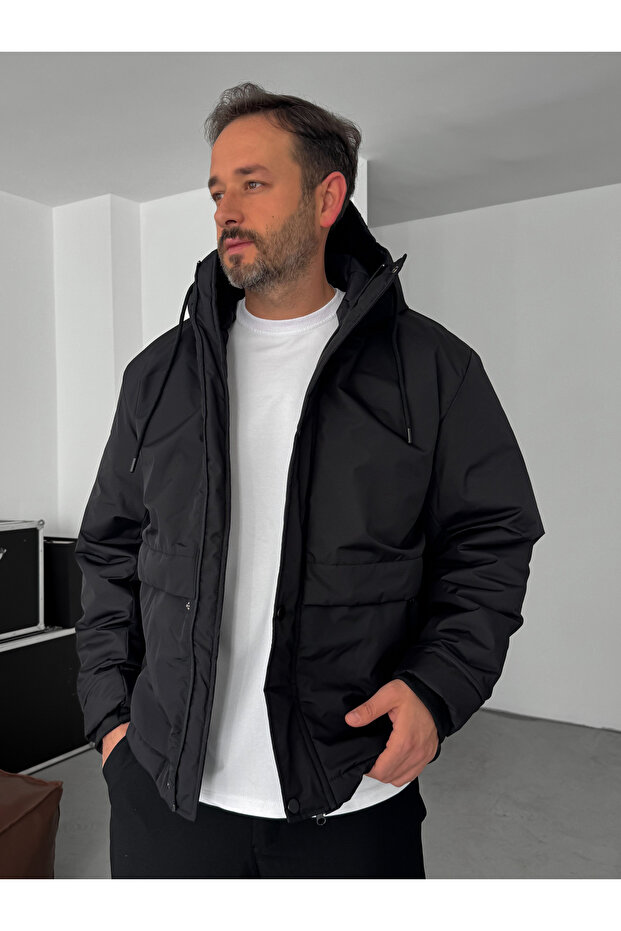 Siyah Kapüşonlu Şişme Mont LNS-50564 - 3