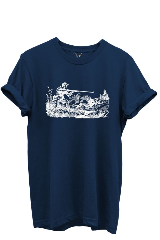 Outdoor Hunting Hunter and Hunting Dogs Patterned 100% Cotton Regular Fit Crew Neck Unisex T-Shirt