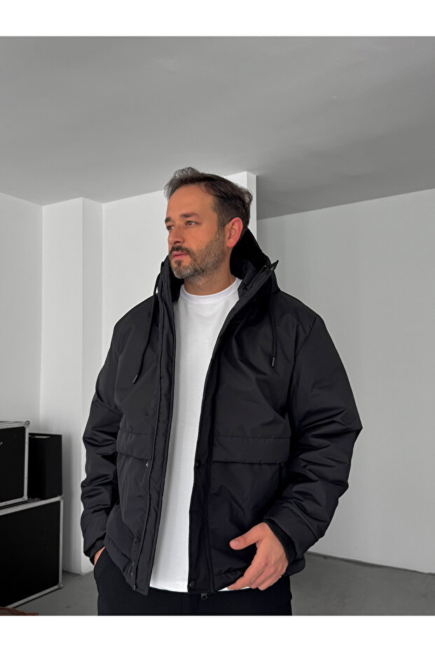 Siyah Kapüşonlu Şişme Mont LNS-50564 - 4