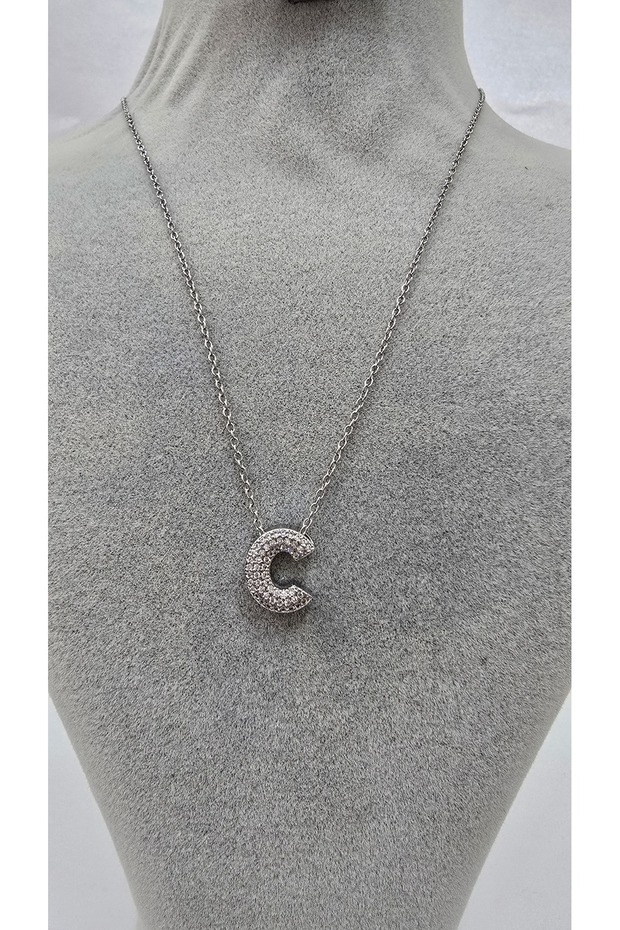 Stainless Steel Silver Color Zircon Stone Letter Necklace -C- Letter