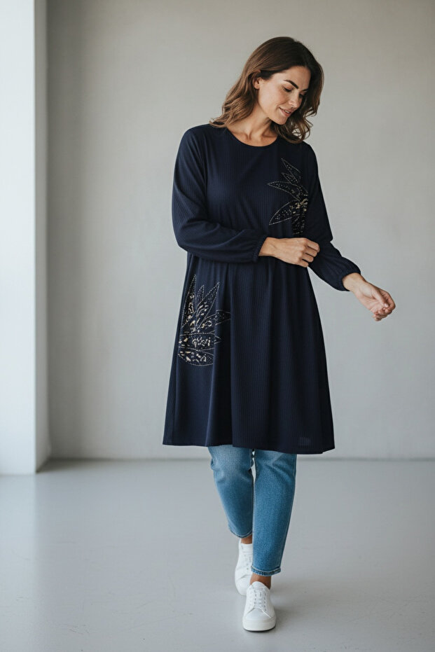 Women's Tunic with Tie at the Brow, Ribbed Knit Stone Decorations, Collagen Elastic, Oversized Size