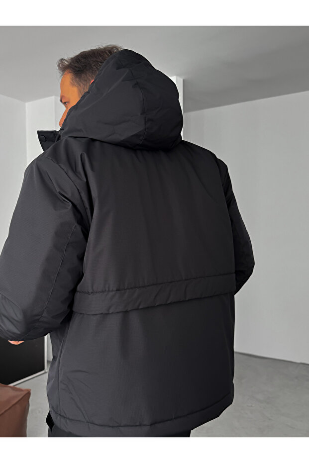 Siyah Kapüşonlu Şişme Mont LNS-50564 - 6