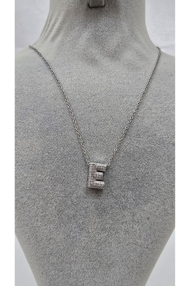 Stainless Steel Silver Color Zircon Stone Letter Necklace -E- Letter