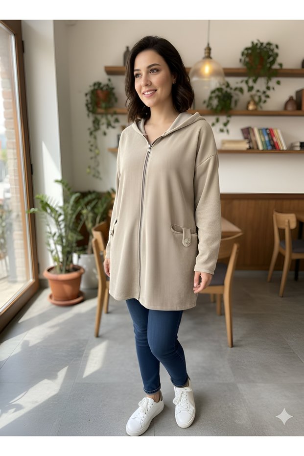 Women's Original Italian K Hooded Zippered Double Pocket Velvet Jacket