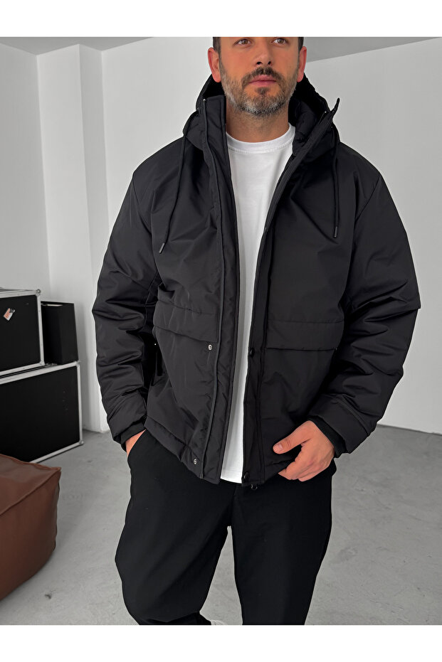 Siyah Kapüşonlu Şişme Mont LNS-50564 - 2