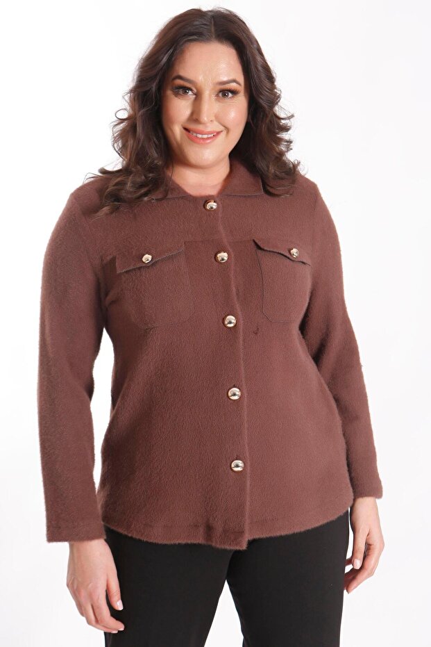 Trend42Plus Plus Size Pocket Detailed Knitwear Brown Jacket