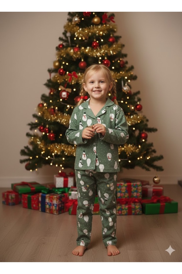 New Year Themed Pajama Set with Front Buttoned Snowman Print