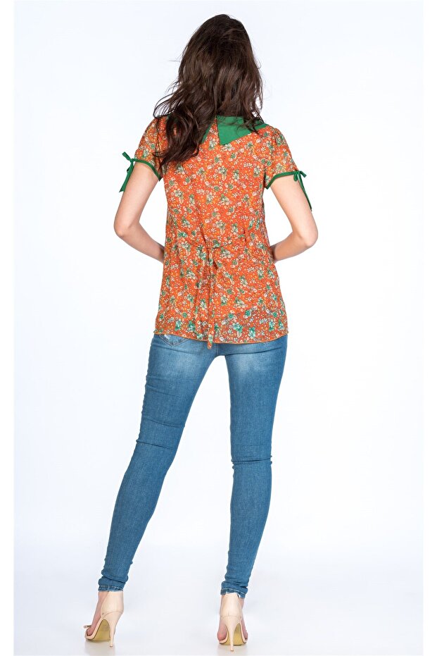 بلوزة حمل بياقة زر ونمط مطبوع برتقالي - 3
