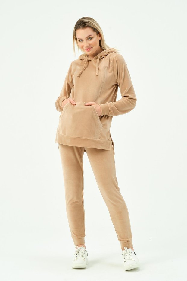Pregnant Women Breastfeeding Detailed High Waist Velvet Tracksuit Set Brown
