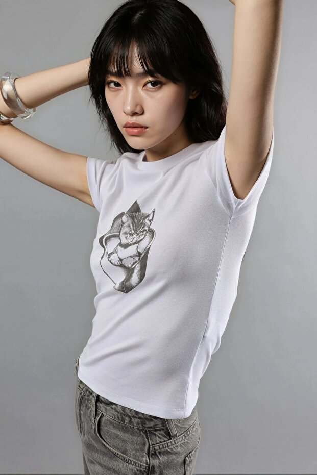 BUSEM Baskılı Fitted Bisiklet Yaka Kısa Üst - 3