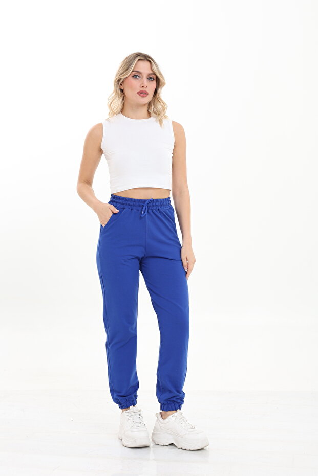 Women's Elastic Waist, Lace-Up Front, Elasticated Cuffs, Two-Thread, Navy Blue Color Sweatpants.
