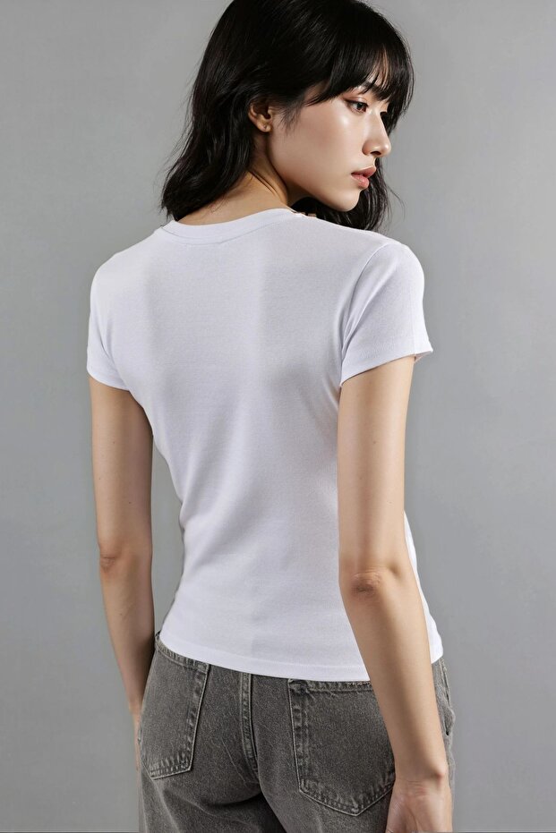 BUSEM Baskılı Fitted Bisiklet Yaka Kısa Üst - 4