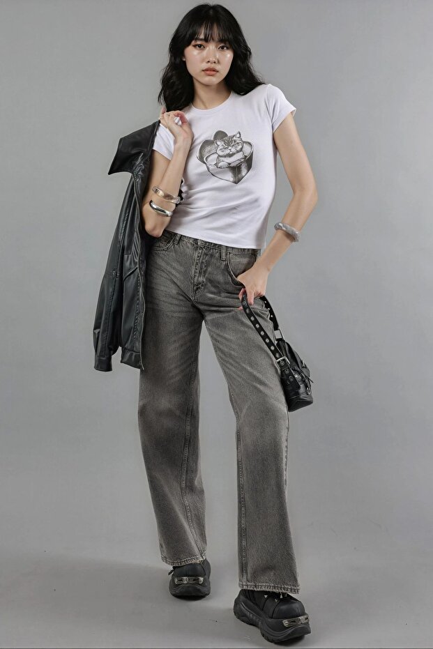 BUSEM Baskılı Fitted Bisiklet Yaka Kısa Üst - 2