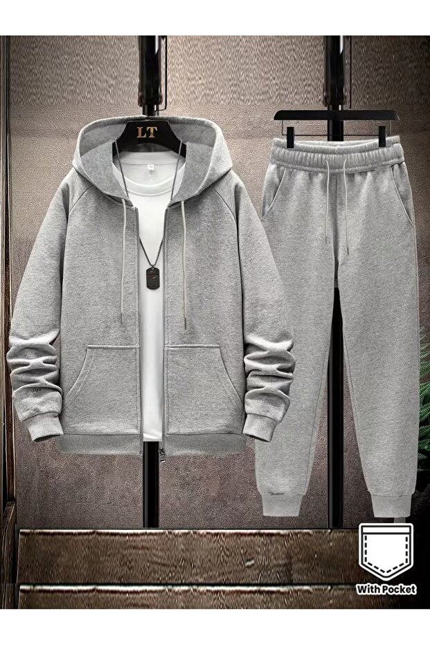 Tracksuit Set Zippered Cardigan Sweatshirt Jogger - Oversized Fleece-Lined Mixed Printed Cardigan Hooded