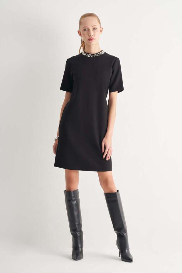 Taş İşlemeli Midi Elbise - 2