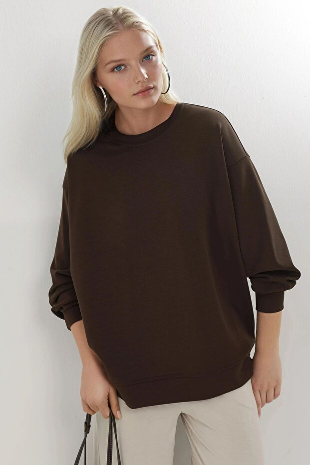 BUSEM Rahat Kesim Bisiklet Yaka Örme Sweatshirt - 1