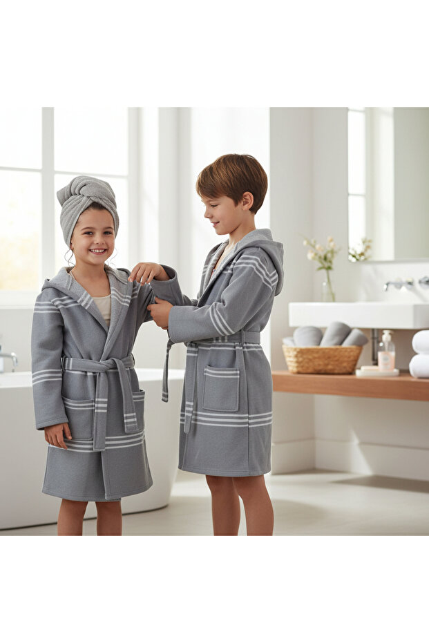 Children's Hooded Cotton Bathrobe, Soft Textured, with Pockets, with Belt, Unisex Bathrobe