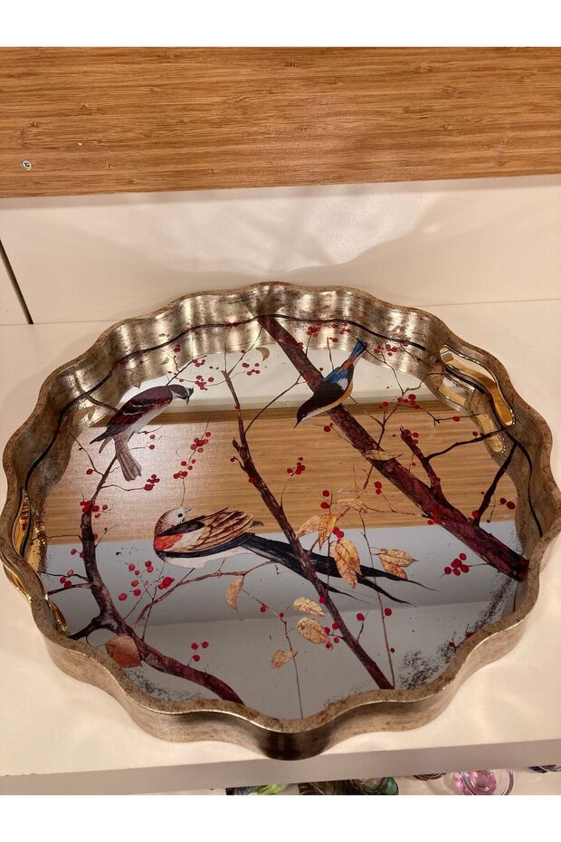 Tray Made of Wood and Mirror with Bird Pattern, Model with a Wheel, Medium Size, Color Antique, Diameter 35 cm