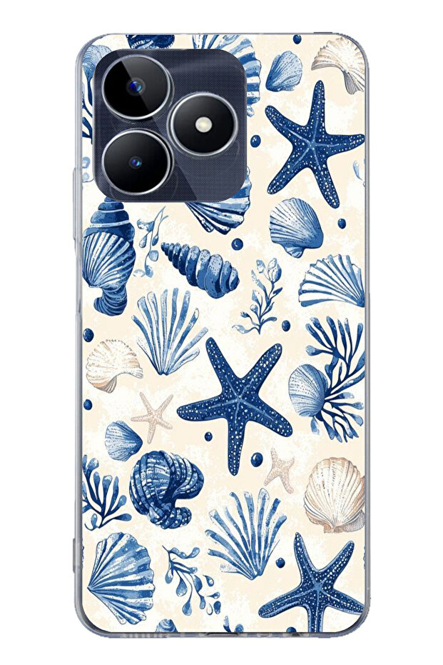 حافظة سيليكون مطبوع متوافقة مع هاتف Realme C53 بنمط صدفة البحر الزرقاء والنجمة - 1