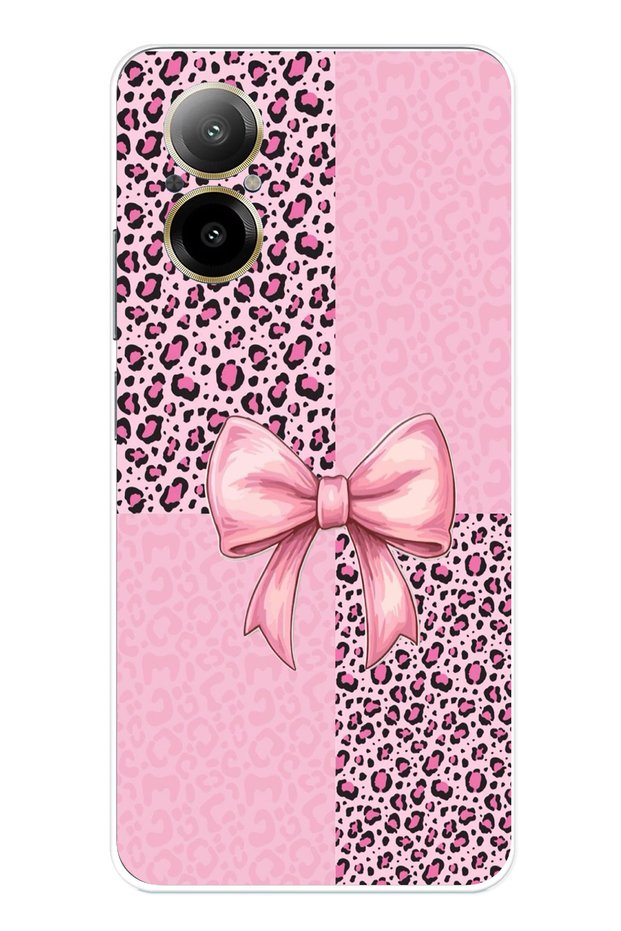 Realme 12 Lite Compatible Pink Leopard Pattern and Ribbon Printed Silicone Case