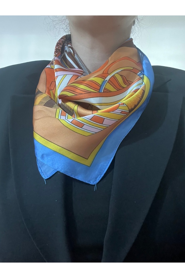 Imported Satin Blue Orange Colored Patterned 70*70 Stylish Women's Scarf