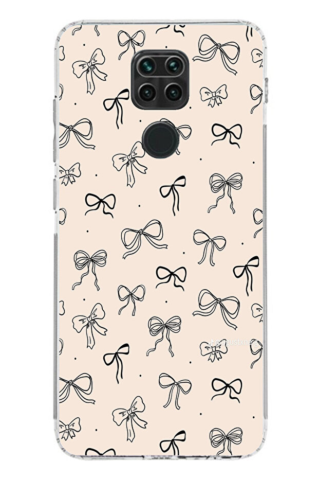 Redmi Note 9 Compatible Black Bow Patterned Cream Color Printed Silicone Case - 1