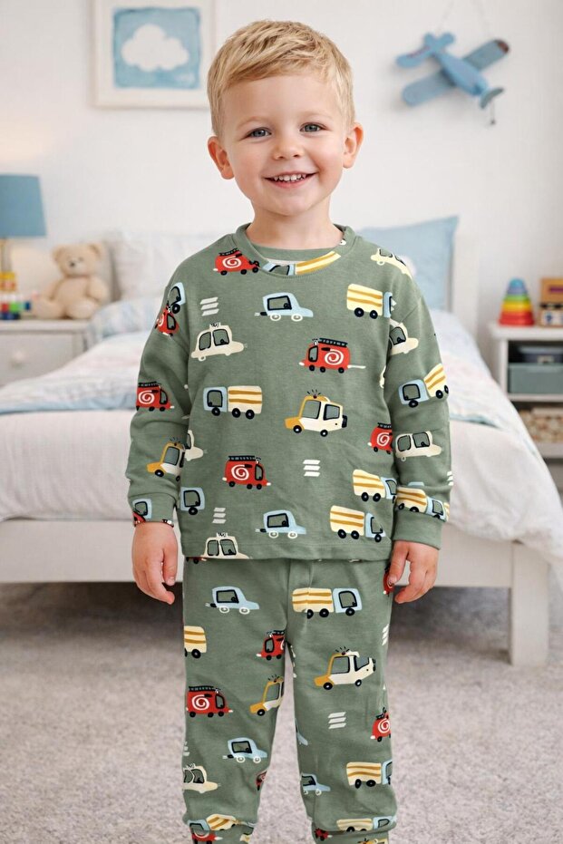 Boy's Truck Car Patterned Cotton Pajama Set - Long Sleeve Khaki Color