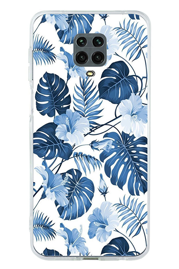 حافظة سيليكون مطبوع متوافقة مع Redmi Note 9 PRO-9S بنمط أوراق الشجر الزرقاء والزهور - 1