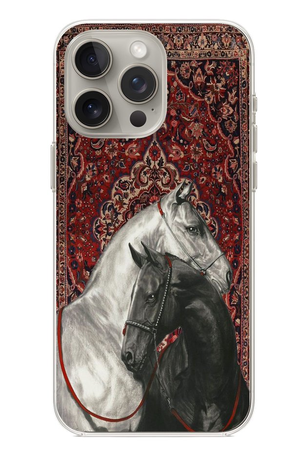 iPhone 15 Pro Max Compatible Traditional Carpet Motif Black and White Horse Printed Silicone Case