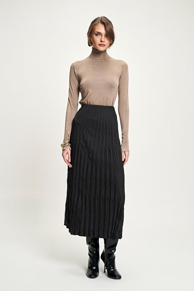 Black Gathered Fabric Pleated Satin Skirt 4070 R3-H-K3